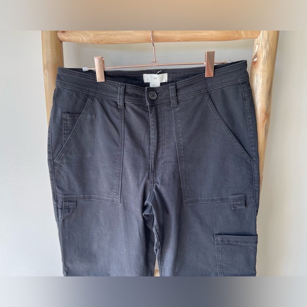 H&M Black Straight Leg Twill Cotton Carpenter Cargo Casual Pants 8 - Picture 2 of 7